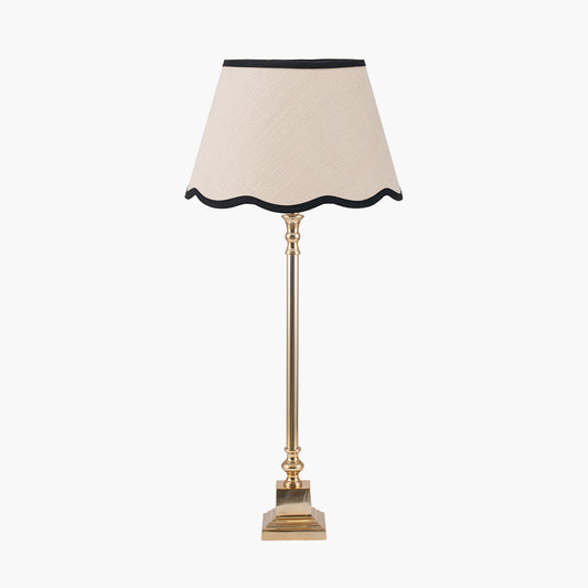 Claudius Gold Metal Stick Table Lamp Base with Tabitha 30cm Cream Jute Scalloped Edge Tapered Lamp Shade with Contrast Binding