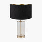 Westwood Clear Glass and Champagne Metal Table Lamp Base with Stellan 35cm Black Slubbed  Silk Mix Gold Lined Cylinder Lampshade