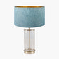 Westwood Clear Glass and Champagne Metal Table Lamp Base with Stellan 35cm Duck Egg Slubbed Silk Mix Gold Lined Cylinder Lampshade