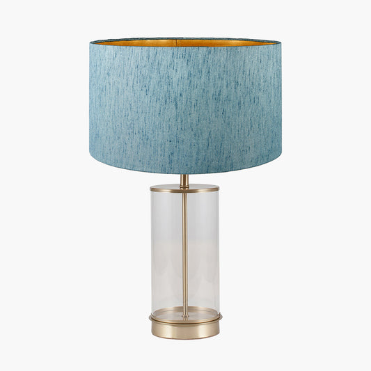 Westwood Clear Glass and Champagne Metal Table Lamp Base with Stellan 35cm Duck Egg Slubbed Silk Mix Gold Lined Cylinder Lampshade
