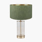 Westwood Clear Glass and Champagne Metal Table Lamp Base with Stellan 35cm Green Slubbed Silk Mix Gold Lined Cylinder Lampshade