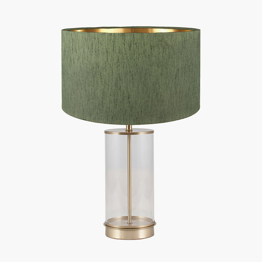 Westwood Clear Glass and Champagne Metal Table Lamp Base with Stellan 35cm Green Slubbed Silk Mix Gold Lined Cylinder Lampshade
