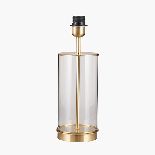 Westwood Clear Glass and Champagne Metal Table Lamp Base with Stellan 35cm Green Slubbed Silk Mix Gold Lined Cylinder Lampshade