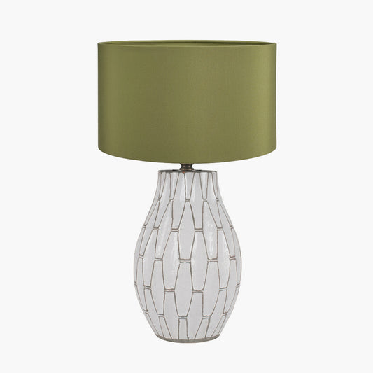 Gaudi White Stoneware Geometric Table Lamp Base with Harry 35cm Sage Cotton Mix Cylinder Lampshade