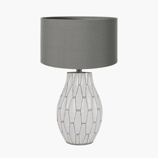 Gaudi White Stoneware Geometric Table Lamp Base with Harry 35cm Steel Grey Cotton Mix Cylinder Lampshade