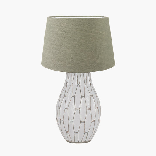 Gaudi White Stoneware Geometric Table Lamp Base with Milos 35cm Pistachio Green Linen Tapered Lampshade