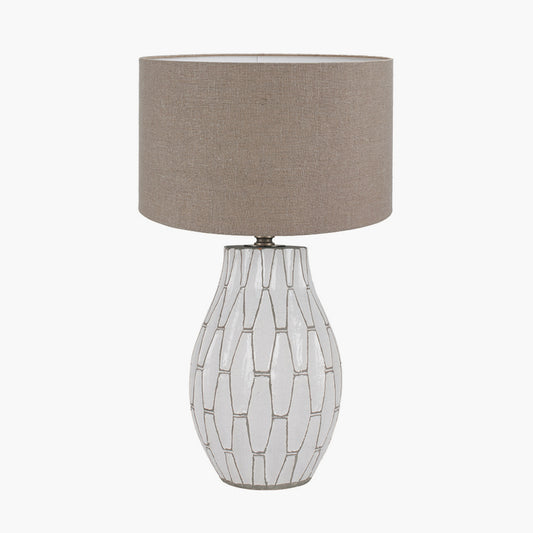 Gaudi White Stoneware Geometric Table Lamp Base with Edward 35cm Natural Linen Cylinder Lampshade