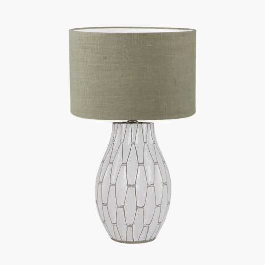 Gaudi White Stoneware Geometric Table Lamp Base with Edward 35cm Pistachio Green Linen Cylinder Lampshade