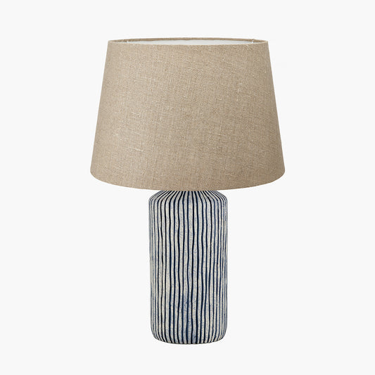 Bude Blue and White Stripe Stoneware Table Lamp Base with Milos 40cm Natural Linen Tapered Lampshade