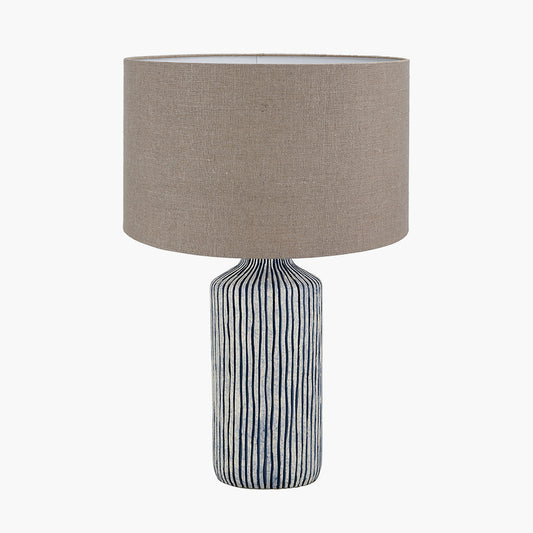 Bude Blue and White Stripe Stoneware Table Lamp Base with Edward 40cm Natural Linen Cylinder Lampshade