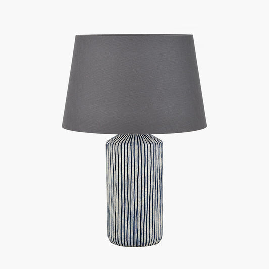 Bude Blue and White Stripe Stoneware Table Lamp Base with Lys 40cm Steel Grey Self Lined Linen Tapered Lampshade