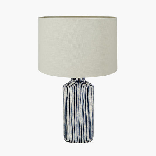 Bude Blue and White Stripe Stoneware Table Lamp Base with Lino 40cm Cream Self Lined Linen Cylinder Lampshade