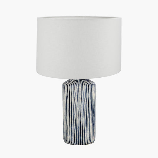 Bude Blue and White Stripe Stoneware Table Lamp Base with Lino 40cm White Self Lined Linen Cylinder Lampshade