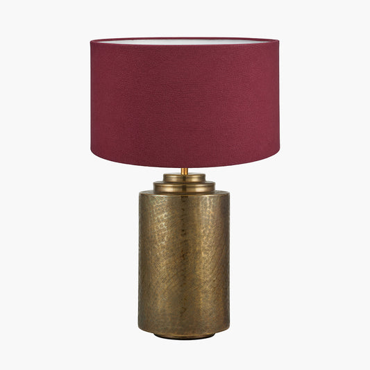 Zuri Large Antique Brass Metal Pot Table Lamp Base with Henry 45cm Mulberry Handloom Cylinder Lampshade