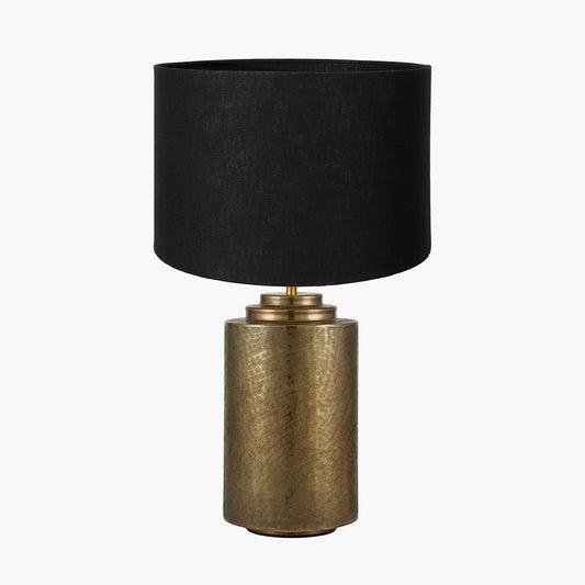 Zuri Large Antique Brass Metal Pot Table Lamp Base with Lino 45cm Black Self Lined Linen Cylinder Lampshade