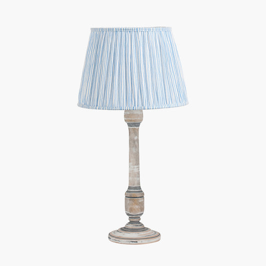 Captiva Grey Wash Mango Wood Table Lamp Base with Thiago 35cm Ocean Blue Stripe Mushroom Pleat Tapered Lampshade