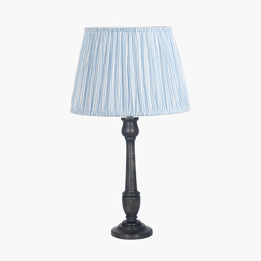 Captiva Antique Black Mango Wood Table Lamp Base with Thiago 35cm Ocean Blue Stripe Mushroom Pleat Tapered Lampshade