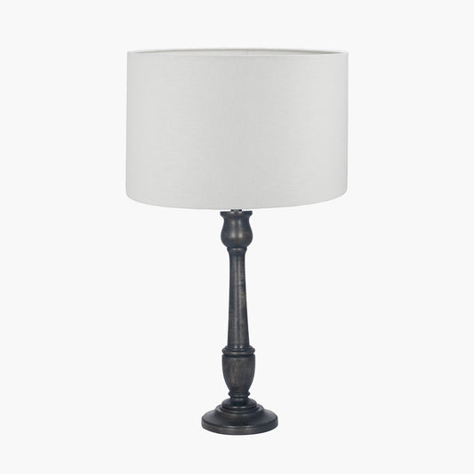 Captiva Antique Black Mango Wood Table Lamp Base with Lino 35cm White Self Lined Linen Cylinder Lampshade