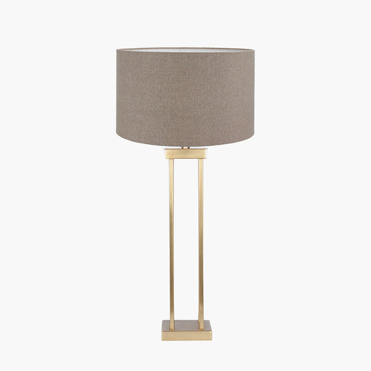 Langston Satin Brass Metal Column Table Lamp Base with Edward 40cm Natural Linen Cylinder Lampshade