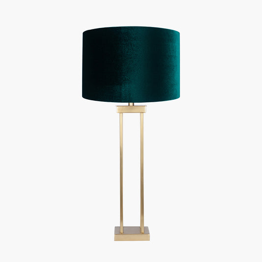 Langston Satin Brass Metal Column Table Lamp Base with Bow 40cm Forest Green Velvet Cylinder Lampshade