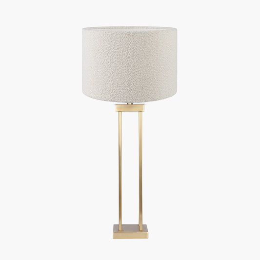 Langston Satin Brass Metal Column Table Lamp Base with Rouen 40cm White Boucle Cylinder Lampshade