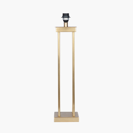 Langston Satin Brass Metal Column Table Lamp Base with Lino 40cm Grey Self Lined Linen Cylinder Lampshade