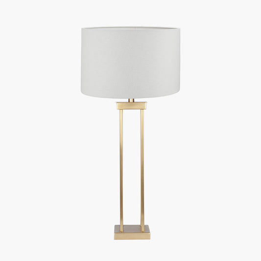 Langston Satin Brass Metal Column Table Lamp Base with Lino 40cm White Self Lined Linen Cylinder Lampshade