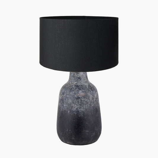 Vulcan Textured Volcanic Effect Grey Stoneware Table Lamp Base with Harry 35cm Black Cotton Mix Cylinder Lampshade
