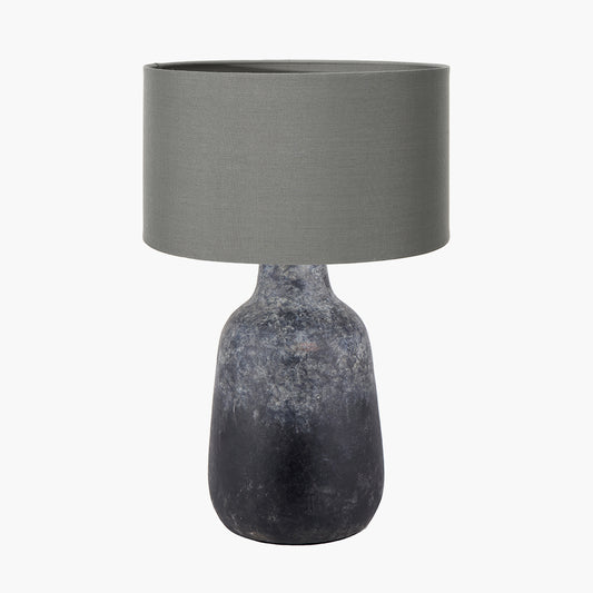 Vulcan Textured Volcanic Effect Grey Stoneware Table Lamp Base with Harry 35cm Steel Grey Cotton Mix Cylinder Lampshade