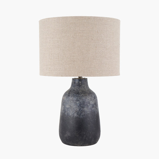 Vulcan Textured Volcanic Effect Grey Stoneware Table Lamp Base with Edward 35cm Natural Linen Cylinder Lampshade