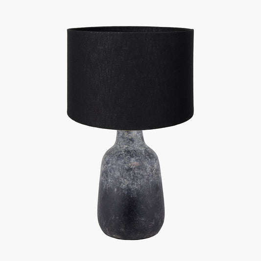 Vulcan Textured Volcanic Effect Grey Stoneware Table Lamp Base with Lino 35cm Black Self Lined Linen Cylinder Lampshade