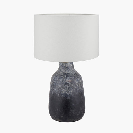 Vulcan Textured Volcanic Effect Grey Stoneware Table Lamp Base with Lino 35cm White Self Lined Linen Cylinder Lampshade
