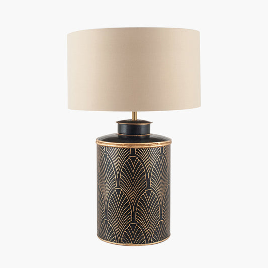 Deco Black Geo Art Deco Hand Painted Table Lamp Base with Harry 40cm Taupe Cotton Mix Cylinder Lampshade