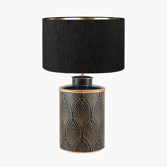 Deco Black Geo Art Deco Hand Painted Table Lamp Base with Stellan 40cm Black Slubbed Silk Mix Gold Lined Cylinder Lampshade