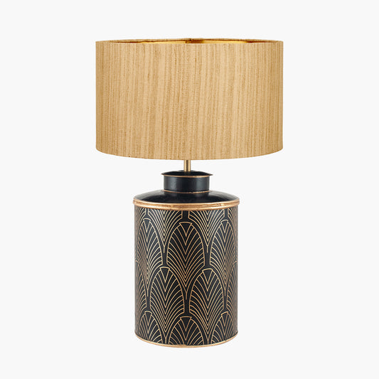 Deco Black Geo Art Deco Hand Painted Table Lamp Base with Stellan 40cm Gold Slubbed Silk Mix Gold Lined Cylinder Lampshade
