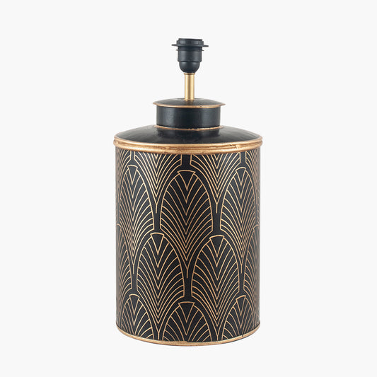 Deco Black Geo Art Deco Hand Painted Table Lamp Base with Stellan 40cm Gold Slubbed Silk Mix Gold Lined Cylinder Lampshade