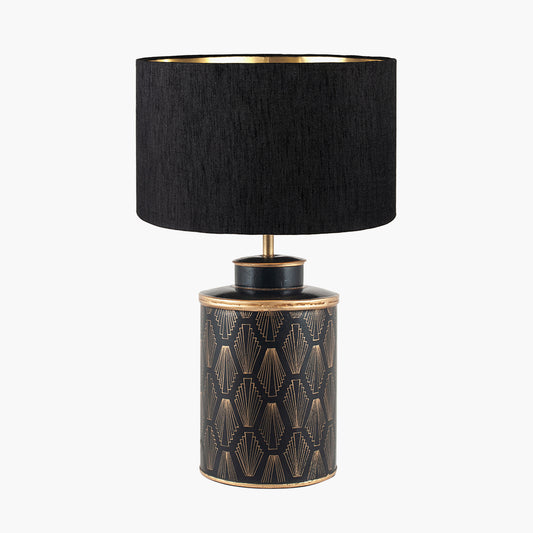 Chrysler Black Art Deco Hand Painted Table Lamp Base with Stellan 35cm Black Slubbed  Silk Mix Gold Lined Cylinder Lampshade