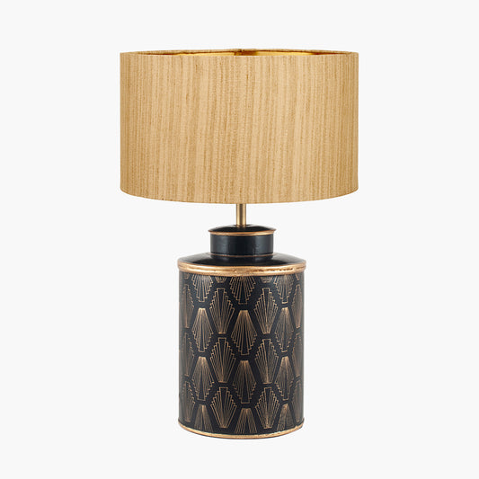 Chrysler Black Art Deco Hand Painted Table Lamp Base with Stellan 35cm Gold Slubbed Silk Mix Gold Lined Cylinder Lampshade