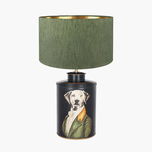 Pointer Black Hand Painted Dog Table Lamp Base with Stellan 40cm Green Slubbed Silk Mix Gold Lined Cylinder Lampshade