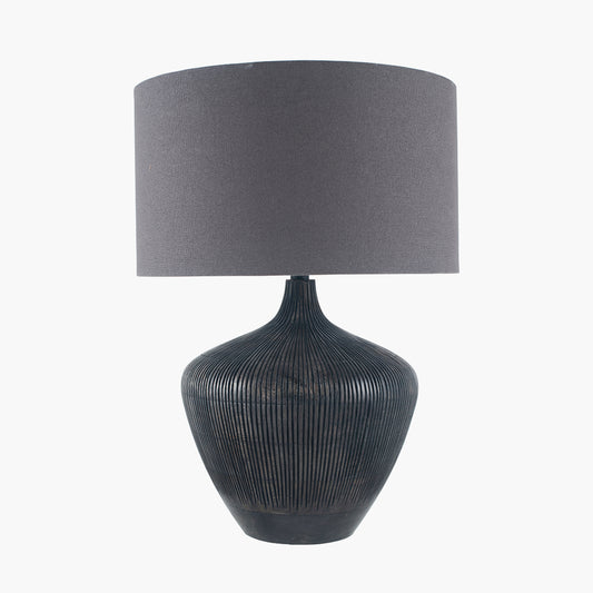 Manaia Antique Black Textured Wood Table Lamp Base with Henry 35cm Grey Handloom Cylinder Lampshade