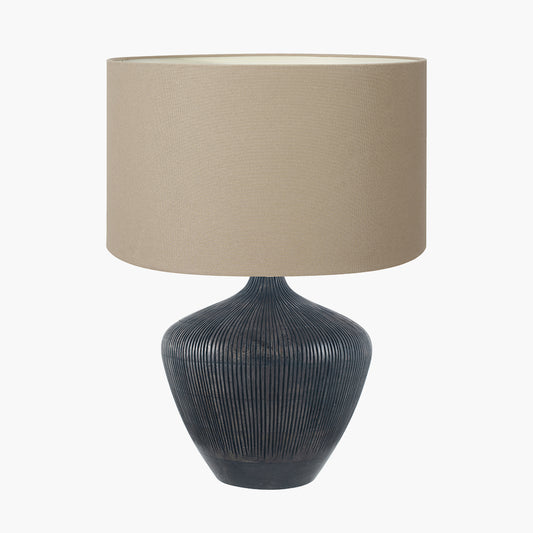 Manaia Antique Black Textured Wood Table Lamp Base with Henry 35cm Taupe Handloom Cylinder Lampshade