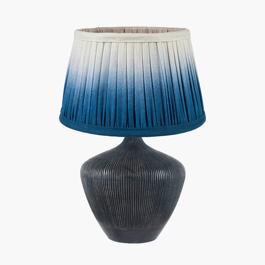 Manaia Antique Black Textured Wood Table Lamp Base with Scallop 35cm Blue Ombre Soft Pleated Tapered Lampshade
