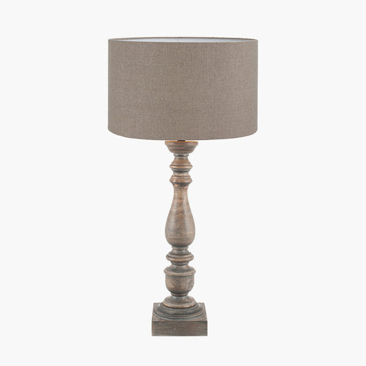 Alia Grey Wash Turned Mango Wood Table Lamp Base with Edward 40cm Natural Linen Cylinder Lampshade