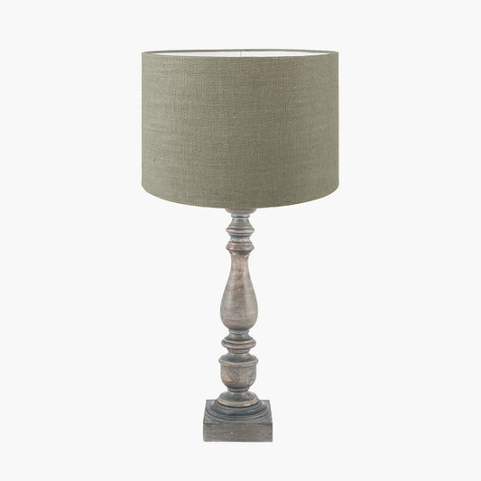 Alia Grey Wash Turned Mango Wood Table Lamp Base with Edward 40cm Pistachio Green Linen Cylinder Lampshade