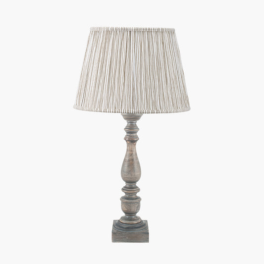 Alia Grey Wash Turned Mango Wood Table Lamp Base with Thiago 45cm Natural Stripe Mushroom Pleat Tapered Lampshade