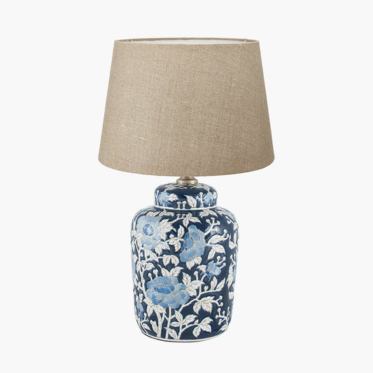 Fleur Blue Floral Ceramic Table Lamp Base with Milos 35cm Natural Linen Tapered Lampshade