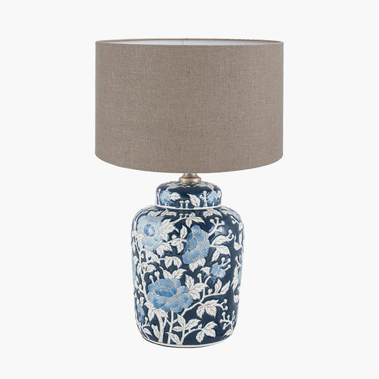 Fleur Blue Floral Ceramic Table Lamp Base with Edward 30cm Natural Linen Cylinder Lampshade