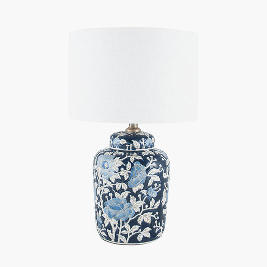 Fleur Blue Floral Ceramic Table Lamp with Lino 25cm White Self Lined Linen Cylinder Lampshade