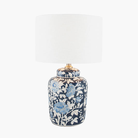 Fleur Blue Floral Ceramic Table Lamp with Lino 25cm White Self Lined Linen Cylinder Lampshade