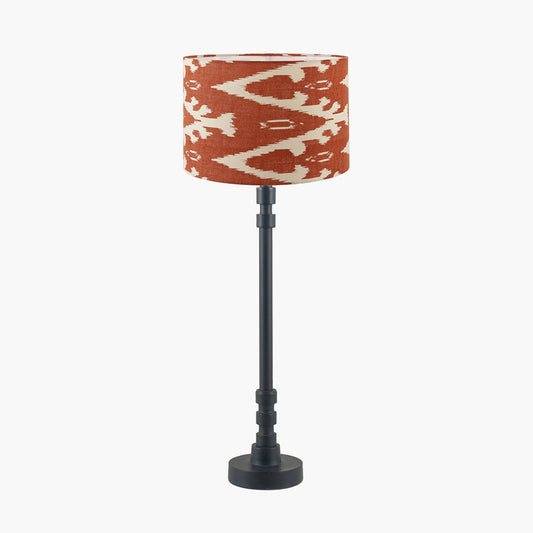 Rhode Matt Black Stick Metal Table Lamp Base with Lars 30cm Cinnamon Ikat Patterned Cylinder Lampshade